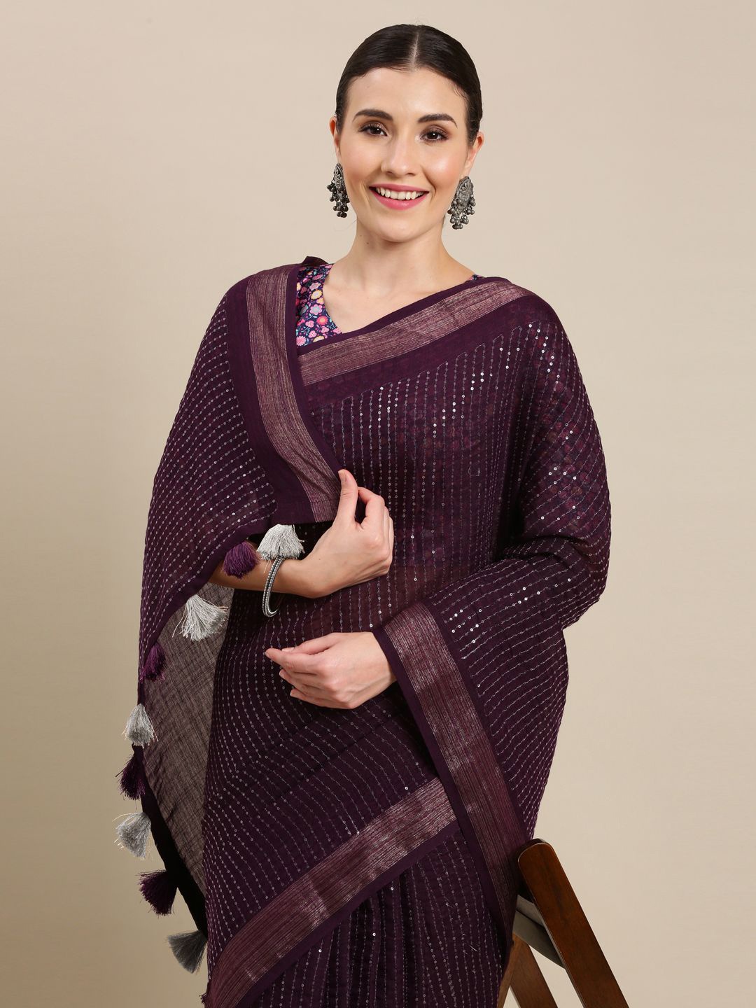 

Sangria Striped Embroidered Sequinned Saree With Blouse Piece, Purple