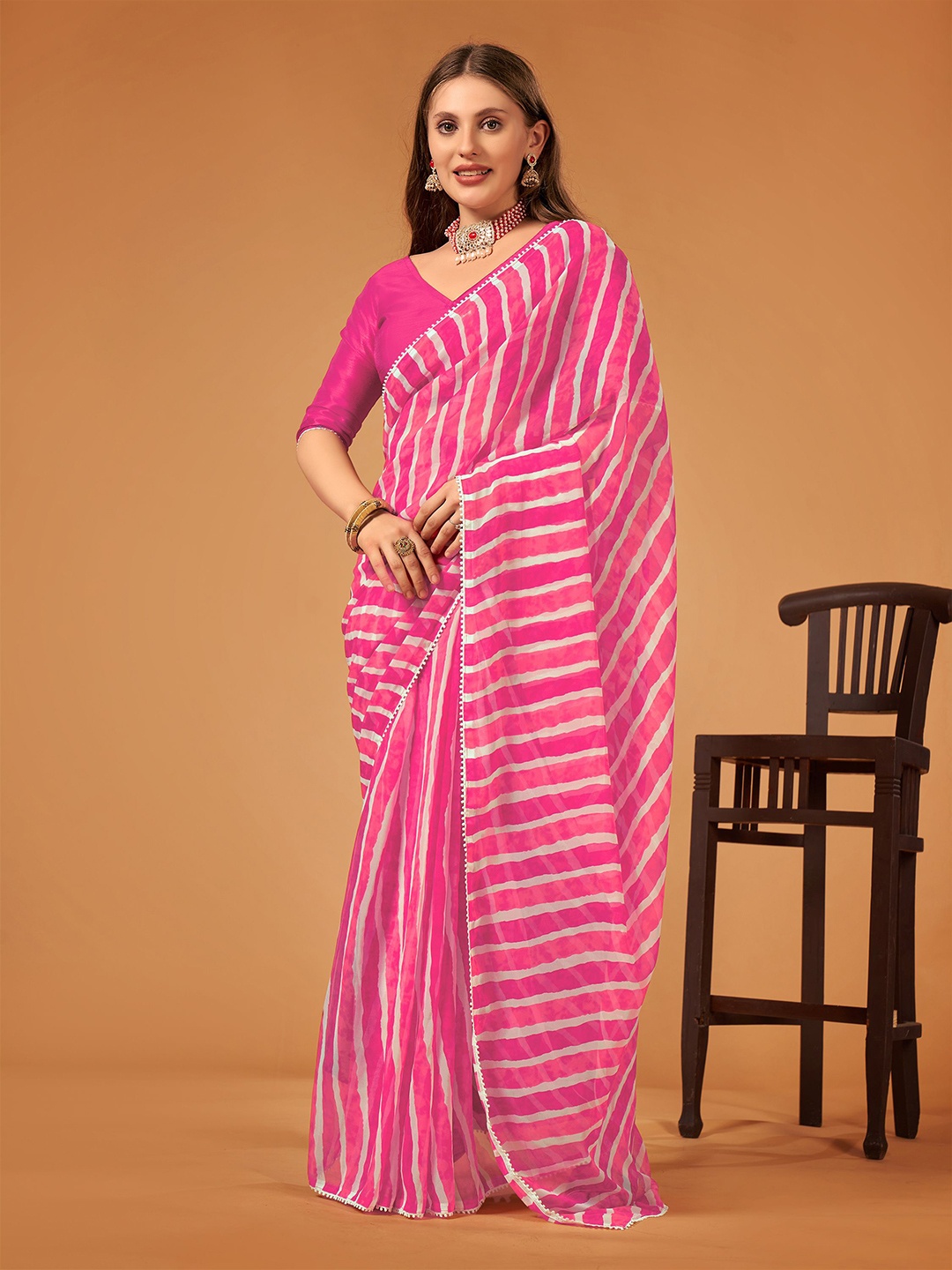 

limtd Embroidered Pure Georgette Leheriya Saree, Pink