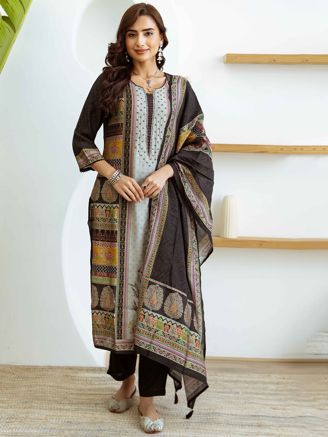 

Nehamta Women Ethnic Motifs Printed Regular Beads and Stones Kurta With Trousers & Dupatta, Black