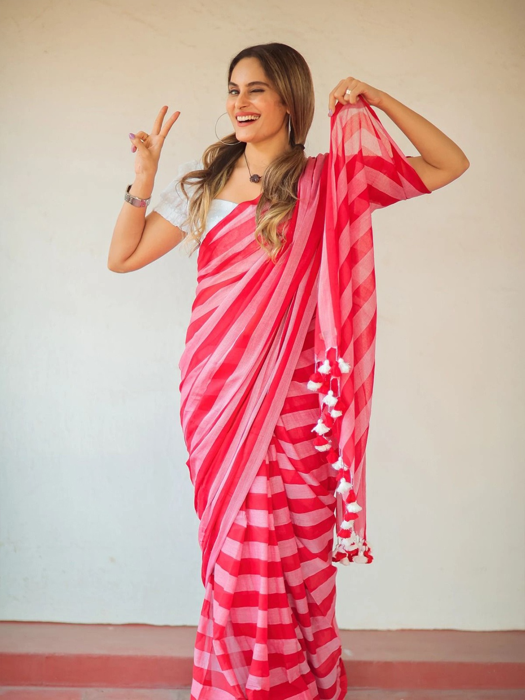 

LADY SHOPI Striped Silk Cotton Saree, Pink