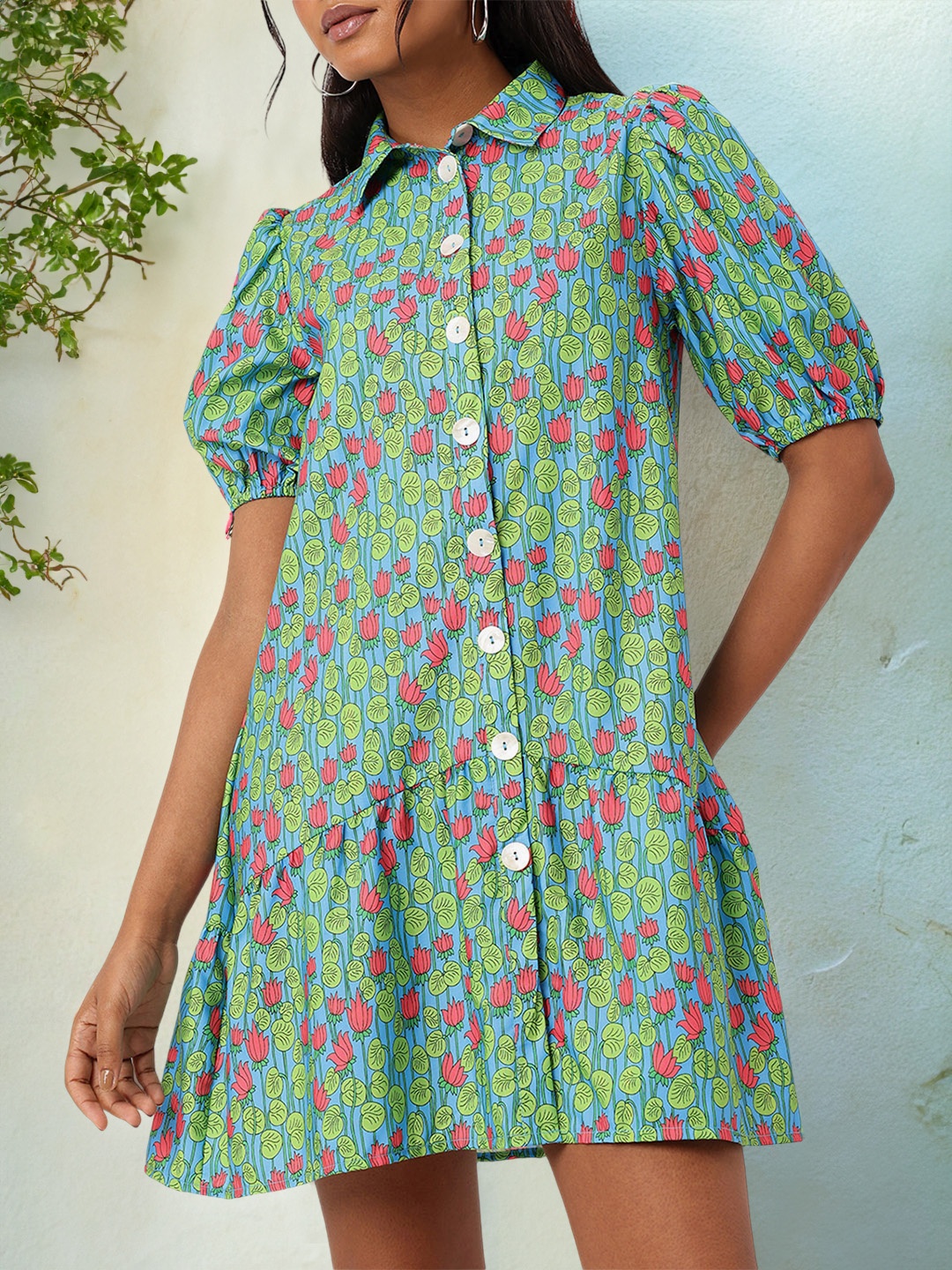 

DressBerry Charming Floral Print Puffed Gathers Shirt Style Mini Dress, Blue