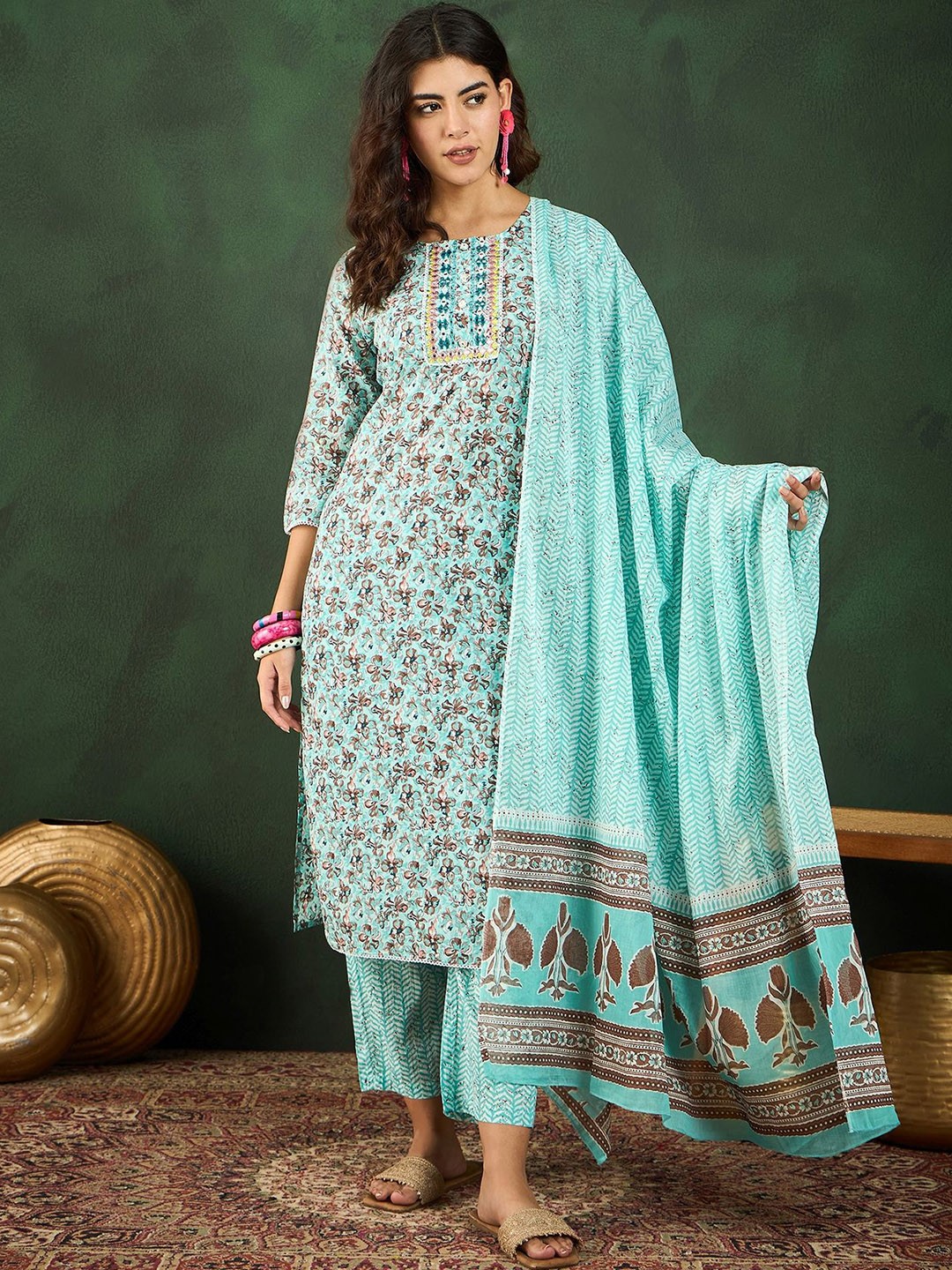 

Vastramyaa Women Floral Printed Regular Mirror Work Kurta with Trousers & With Dupatta, Sea green