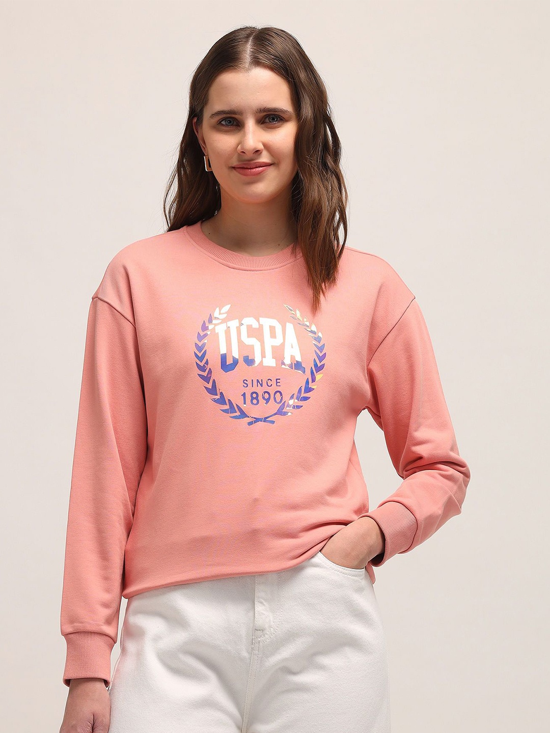 

U.S. Polo Assn. Women Typography Printed Round Neck Cotton Pullover Sweatshirt, Pink