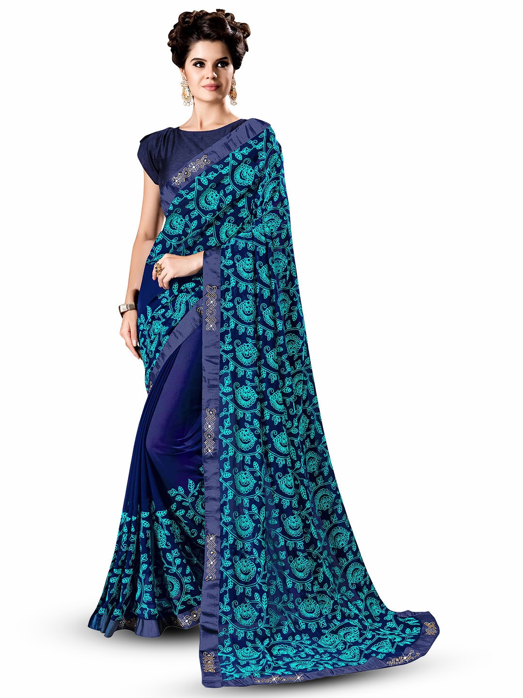 

Maroosh Floral Embroidered Beads and Stones Saree, Navy blue