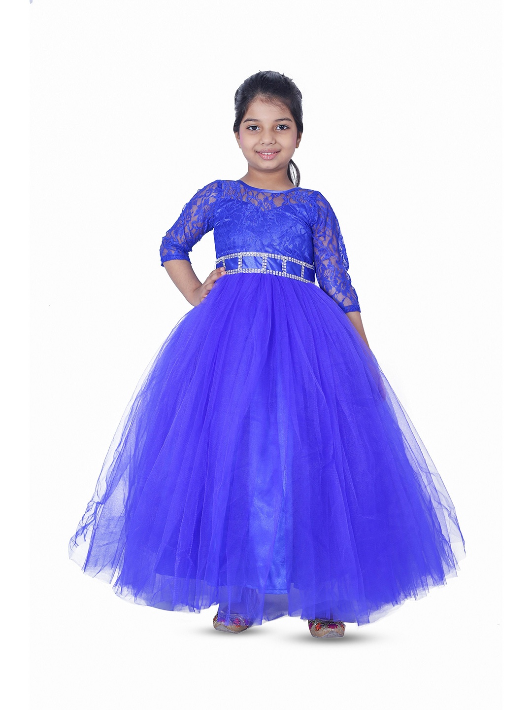 

Wish little Girls Lace Round Neck Fit and Flare Solid Maxi Dress, Blue