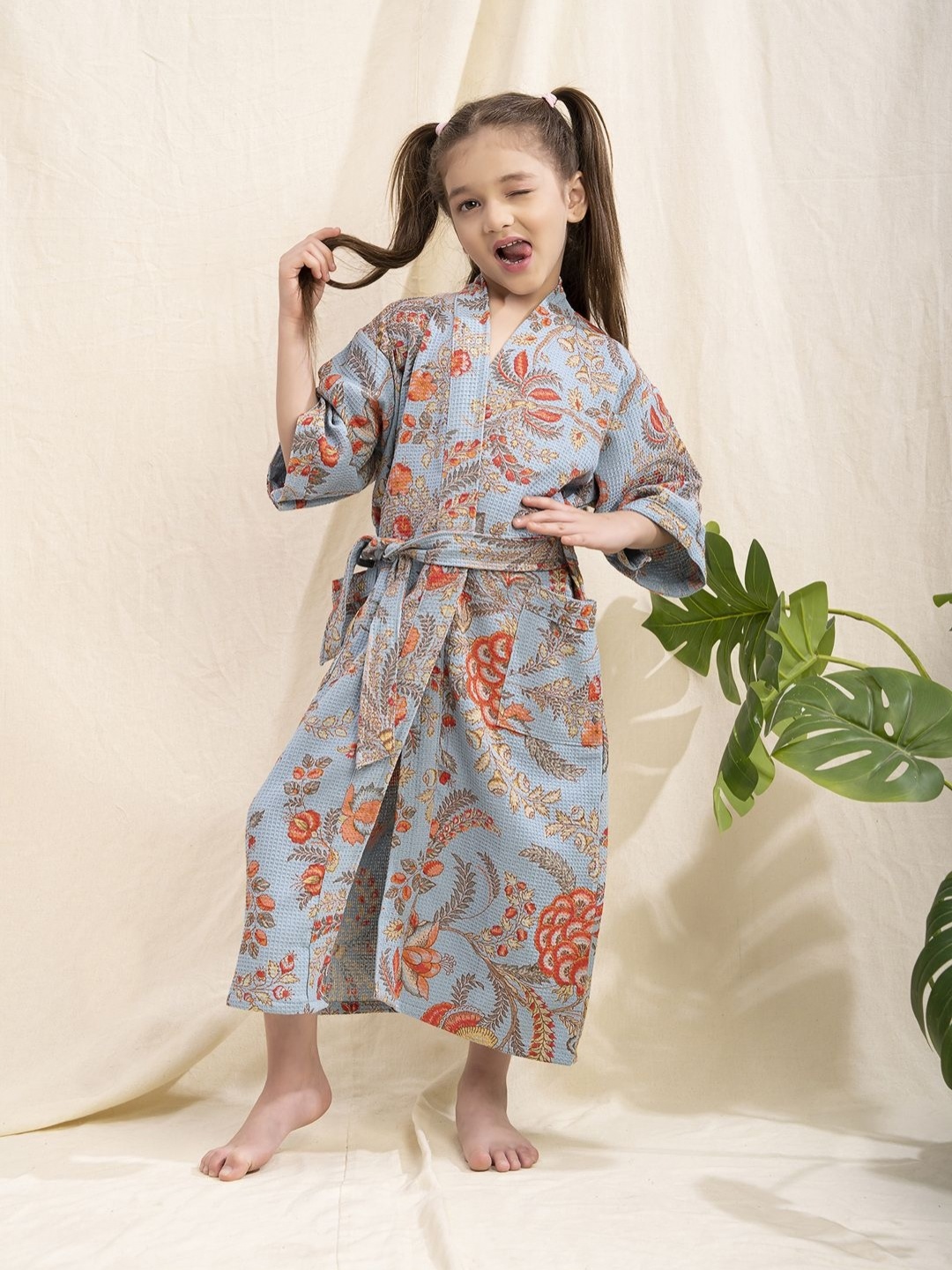 

HotGown Girls Blue and Rust Floral Printed Waffle Cotton Bath Robe