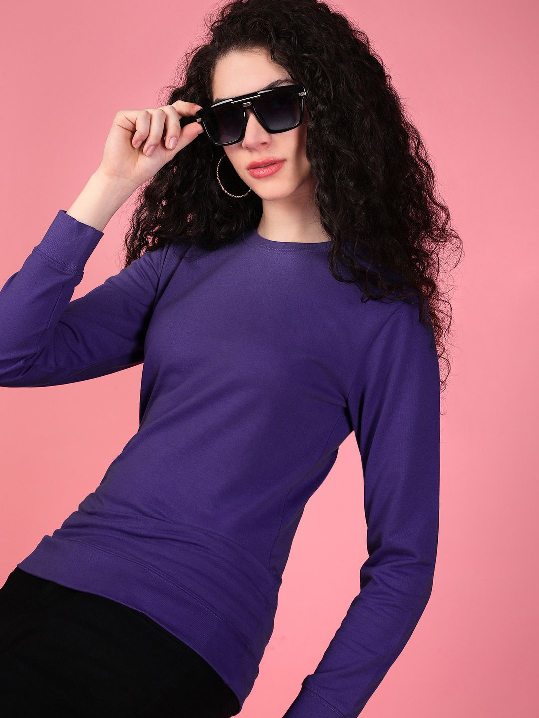 

DressBerry Women Solid Round Neck Cotton Pullover Sweatshirt, Purple