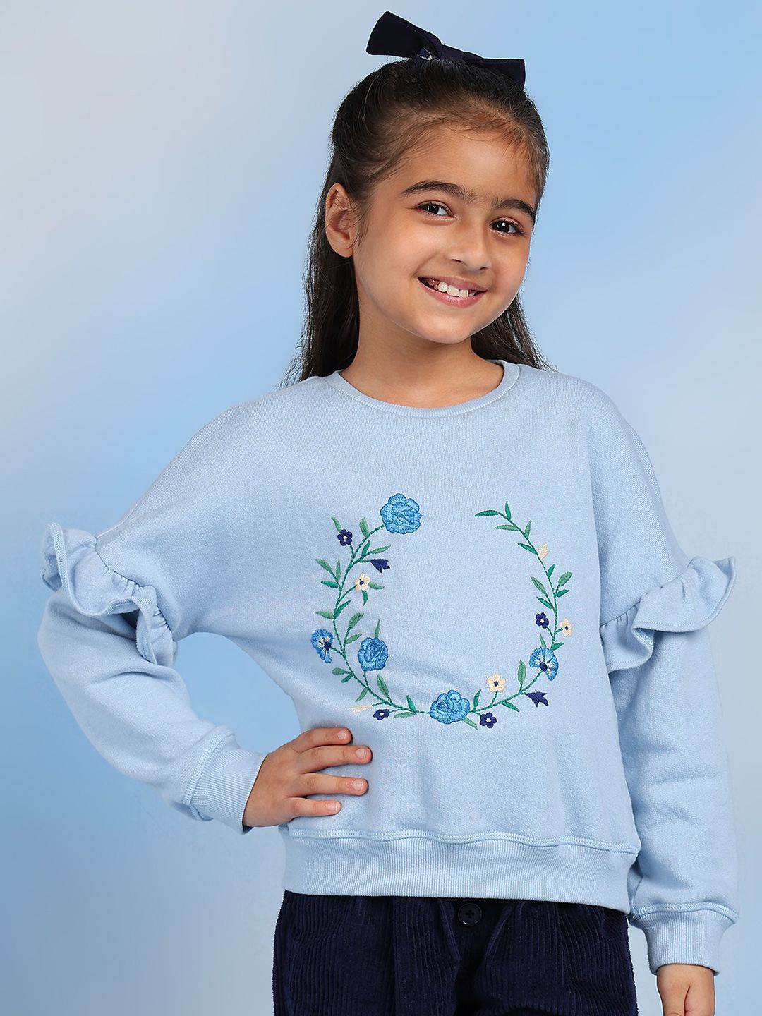 

The Tribe Kids Girls Floral Embroidered Round Neck Cotton Sweatshirt, Blue