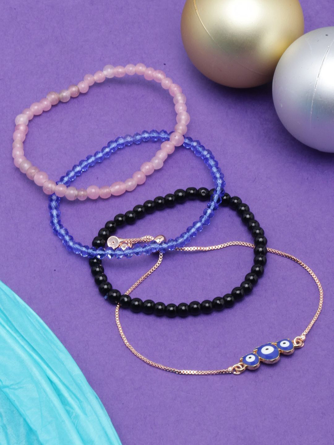 

KPOP Pack Of 4 Brass Rose Gold-Plated Artificial Stones Charm Bracelet