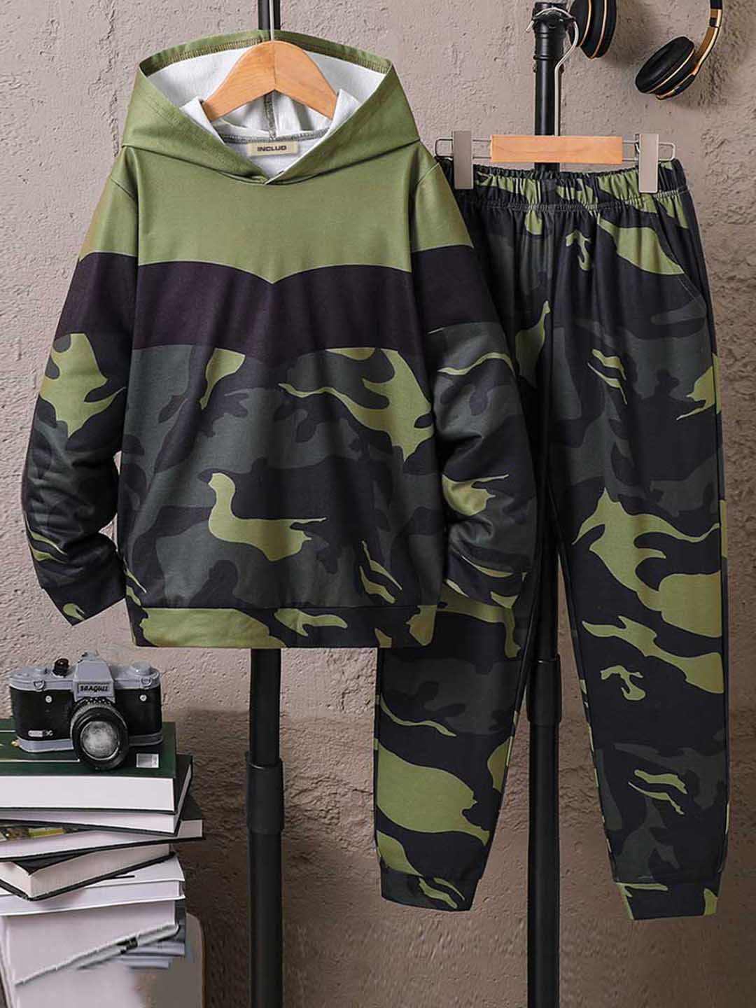 

INCLUD Boys Camouflage Printed Hooded Sweatshirt with Trouser Set, Green