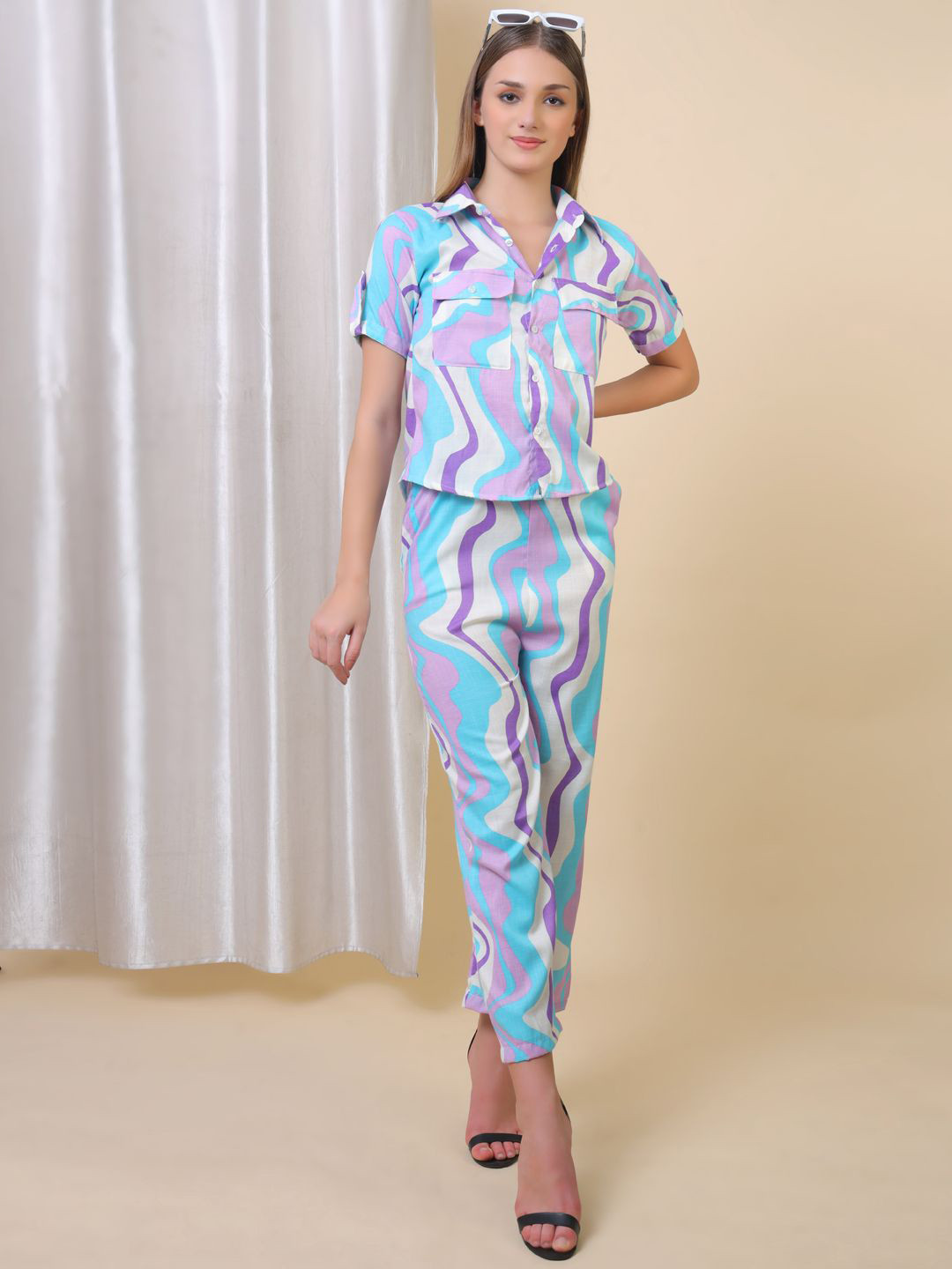 

Softwrap Women Printed Shirt With Trousers Co-Ords, Blue