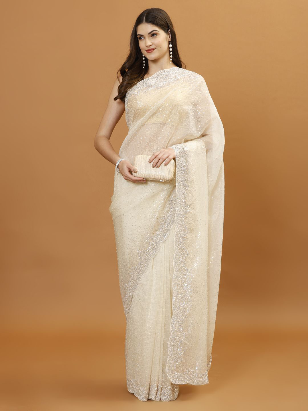 

Meena Bazaar Embellished Beads and Stones Organza Saree, Cream