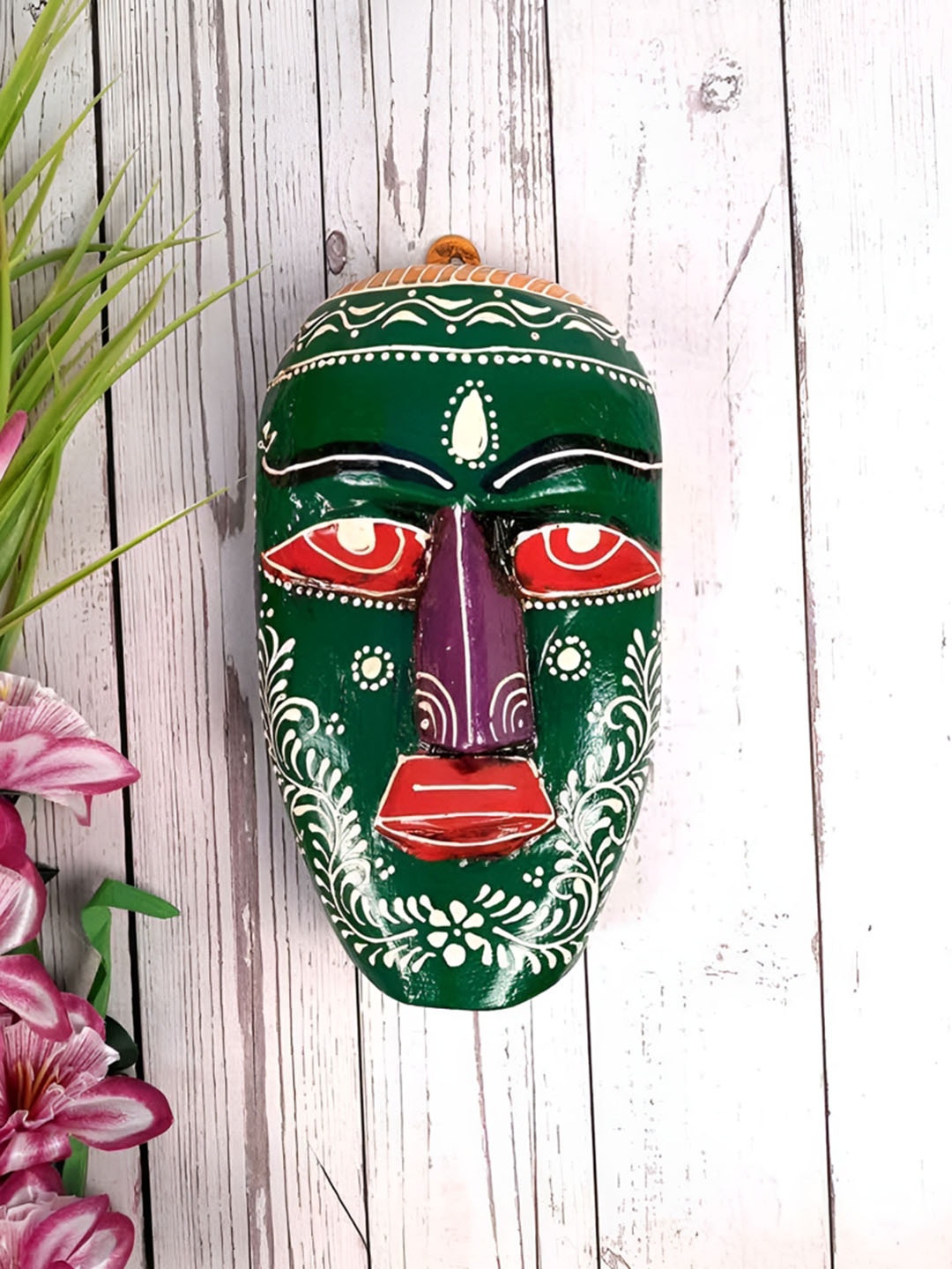 

apka mart Green & Red Wooden Nazar Battu Tribal Masks Wall Decor