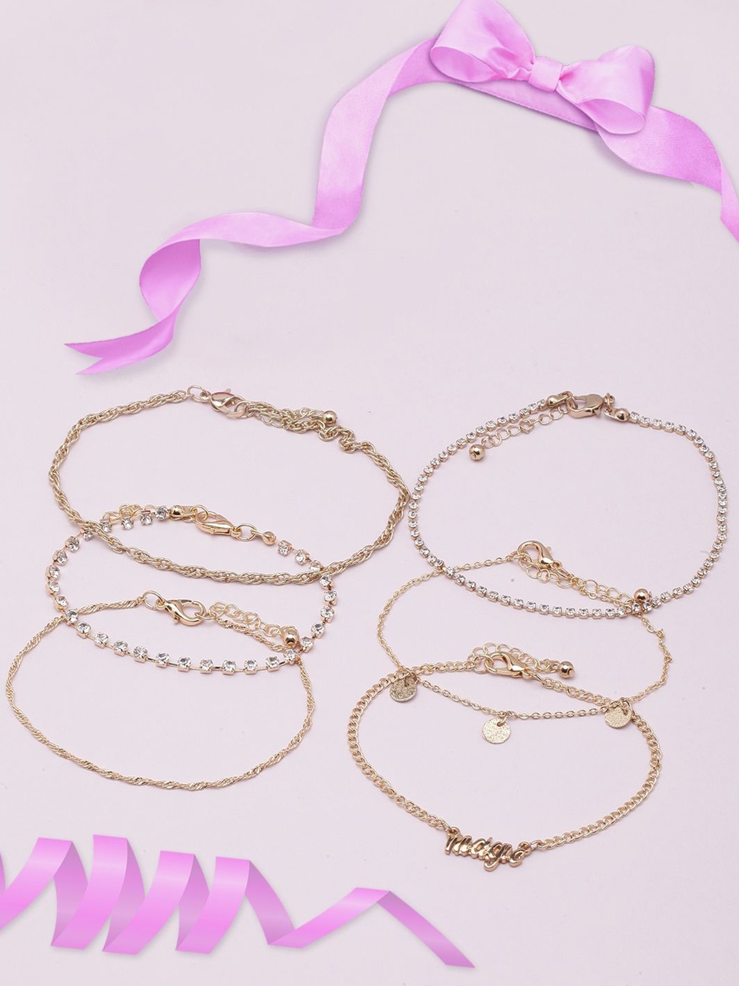 

KPOP Set Of 6 Gold-Plated Stone Studded Charm Bracelets