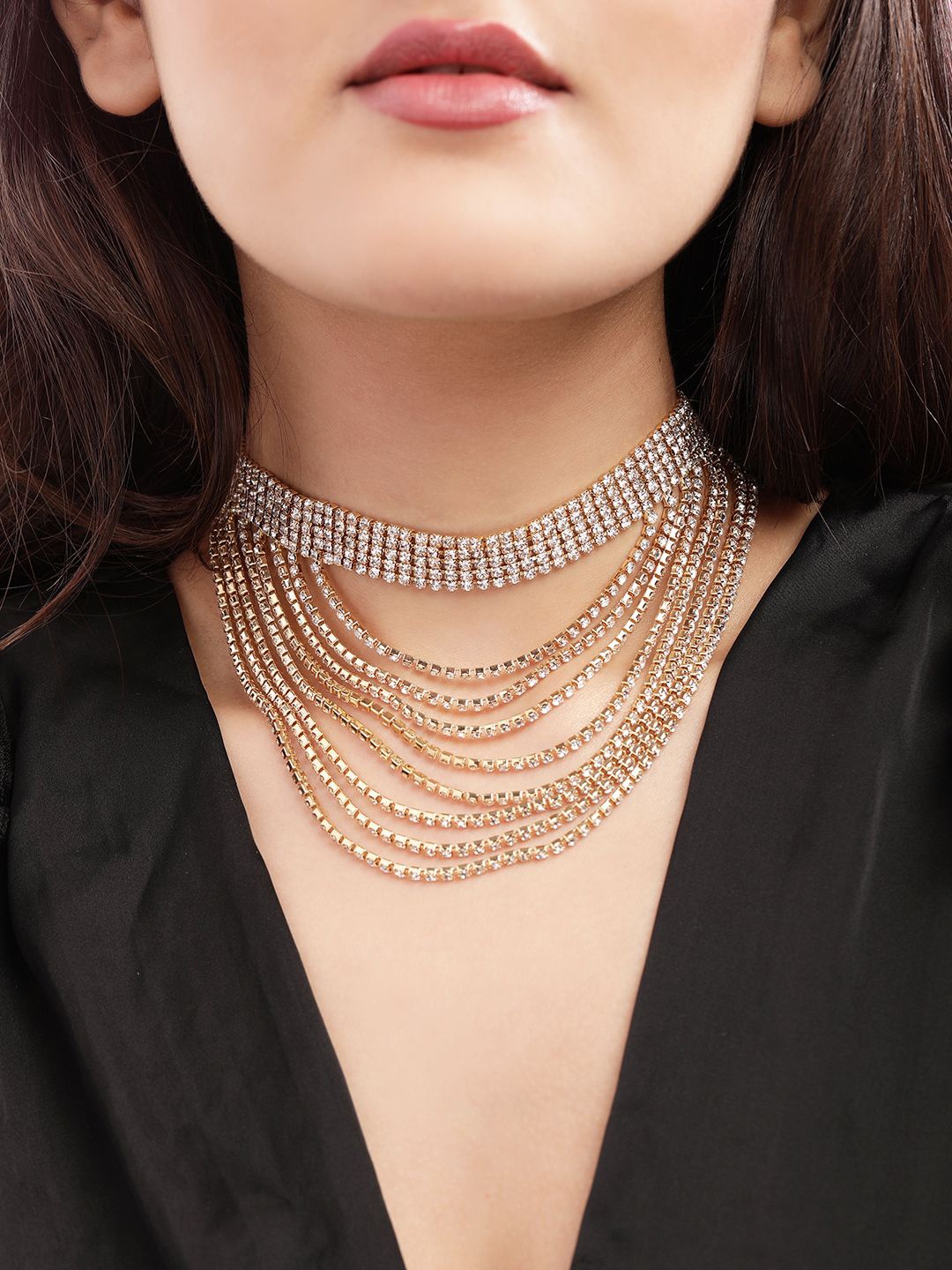 

Rubans 18K Gold Plated Multi-Layer Cubic Zirconia Studded Statement Necklace