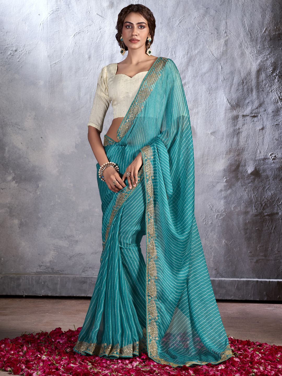 

CHUDIYA Bandhani Mirror Work Pure Chiffon Bandhani Saree, Blue