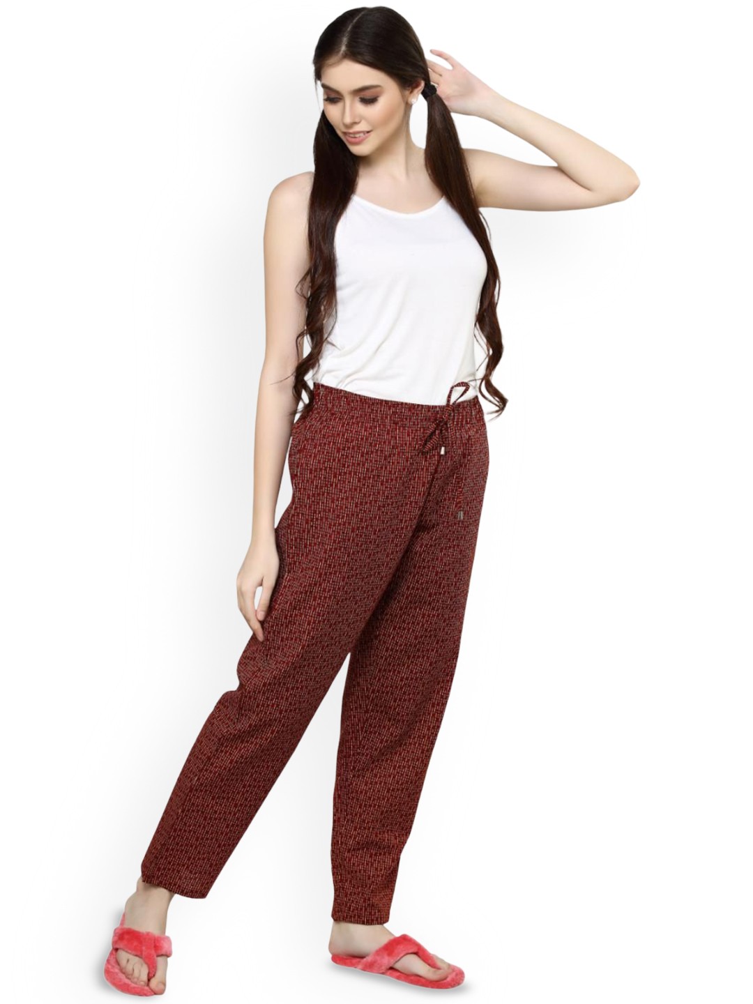 

evolove Women Printed Pure Cotton Mid Rise Lounge Pant, Maroon
