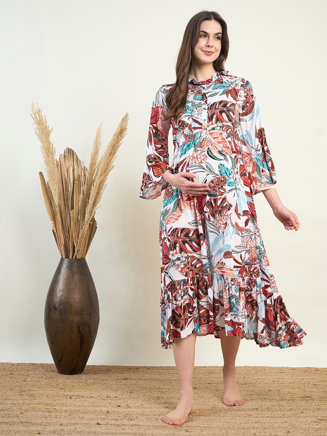 

The Kaftan Company Women Tropical Printed Maternity Fit & Flare Midi Dress, White