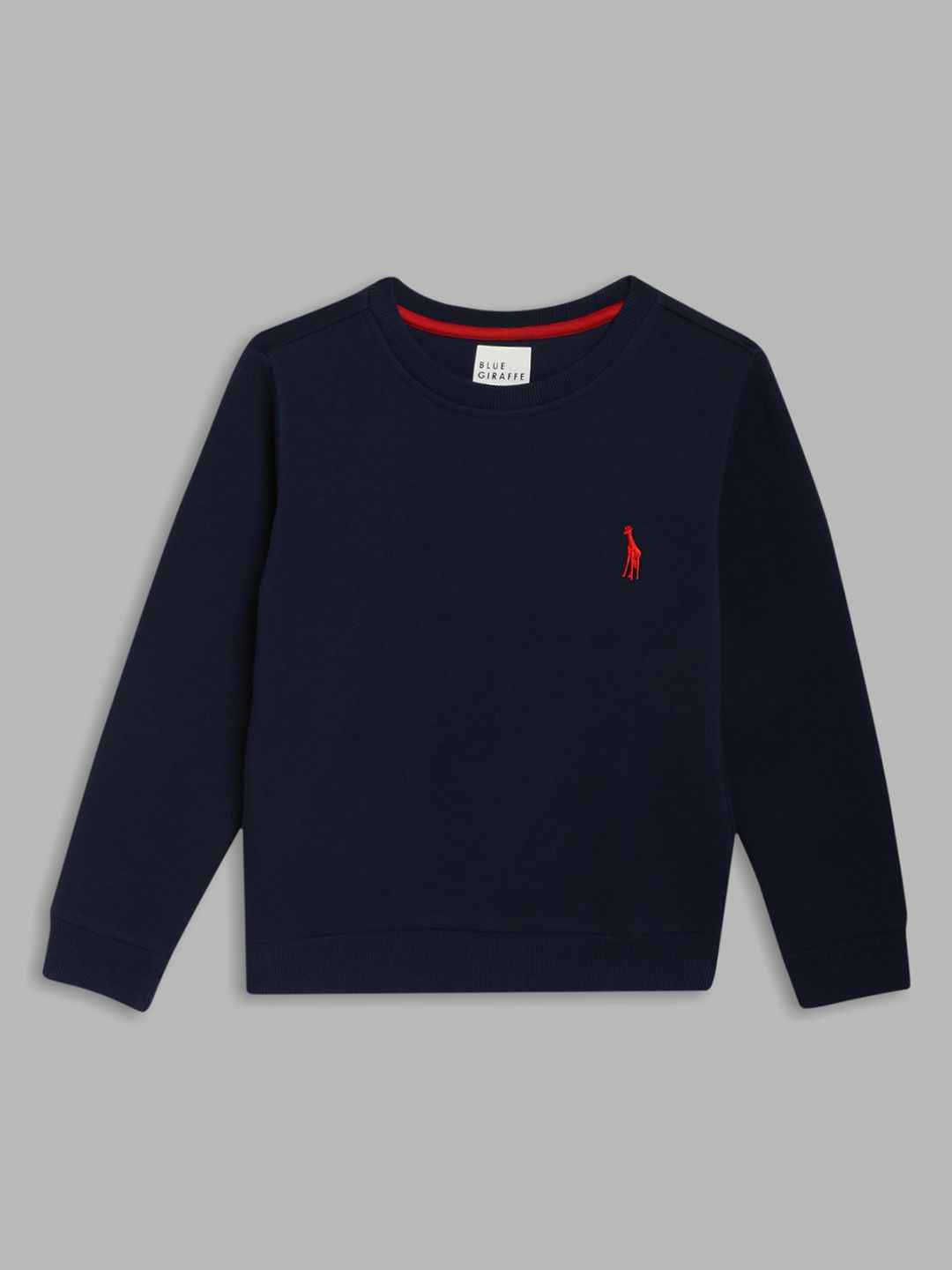 

Blue Giraffe Boys Solid Round Neck Cotton Pullover Ribbed Sweatshirt, Navy blue