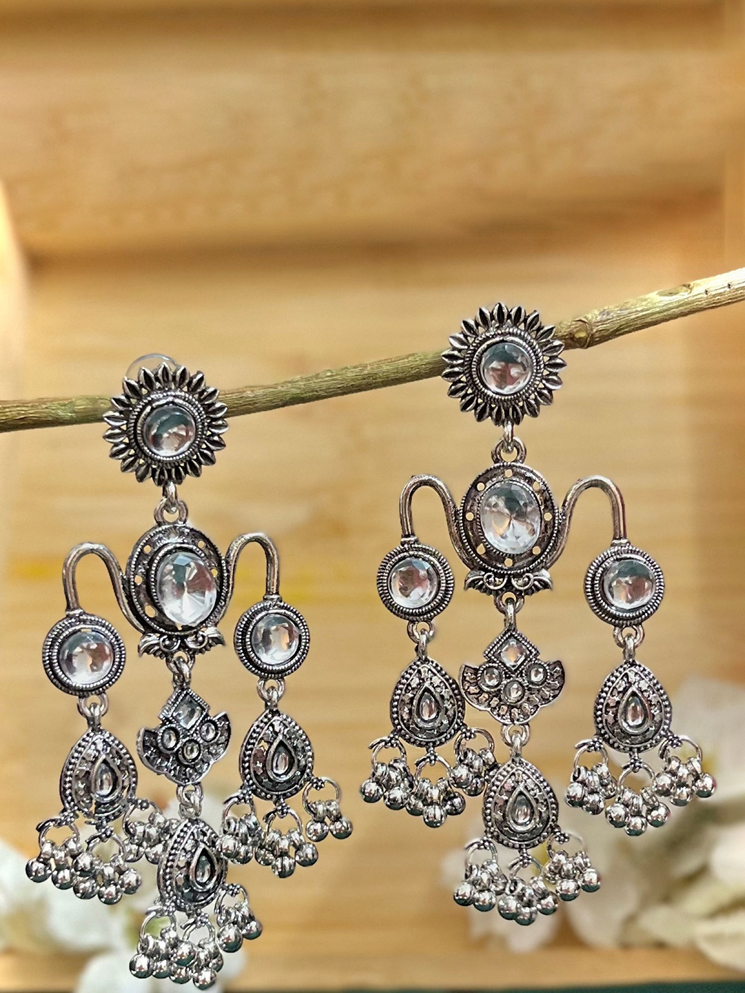 

SUBHAGALANKAR Kaushiki German Silver Plated Oxidised Stone Studded Jhumkas