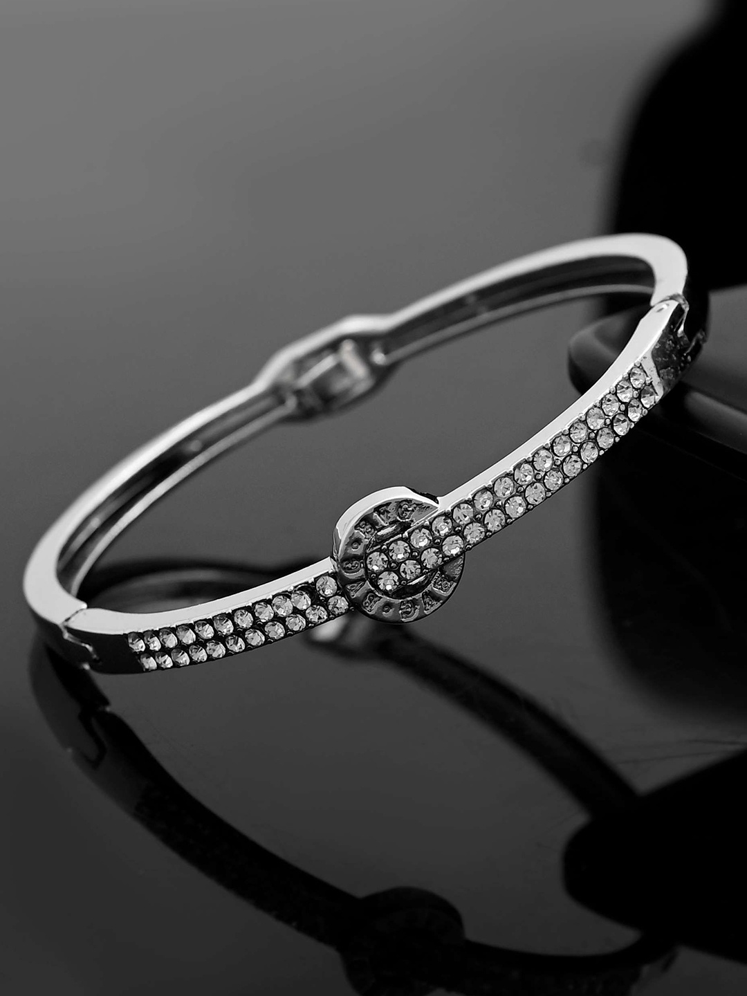 

VOJ Silver-Plated Stainless Steel American Diamond & Crystals Studded Kada Bracelet