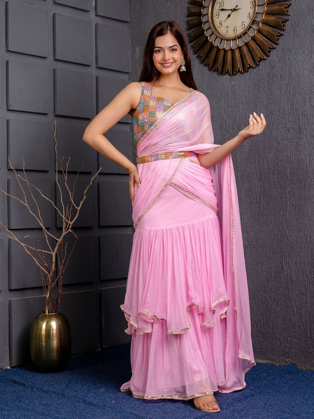 

Jaipurite Mirror Work Pure Chiffon Lehenga Saree, Pink