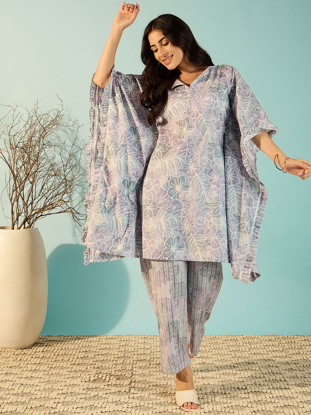 

The Kaftan Company Printed Pure Cotton Tunic With Trousers Co-Ords, Grey