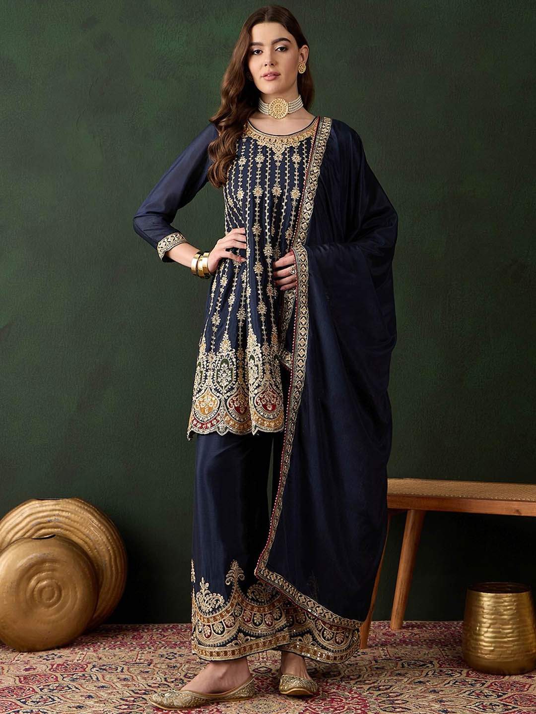 

Miss Ethnik Women Ethnic Motifs Embroidered Kurta & Palazzos With Dupatta, Blue