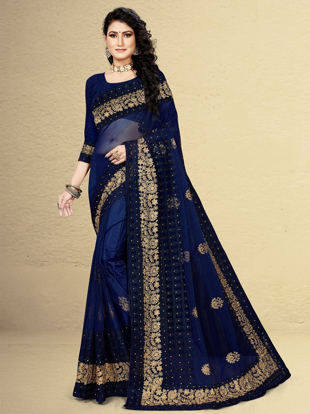 

Maroosh Embellished Beads and Stones Net Saree, Navy blue