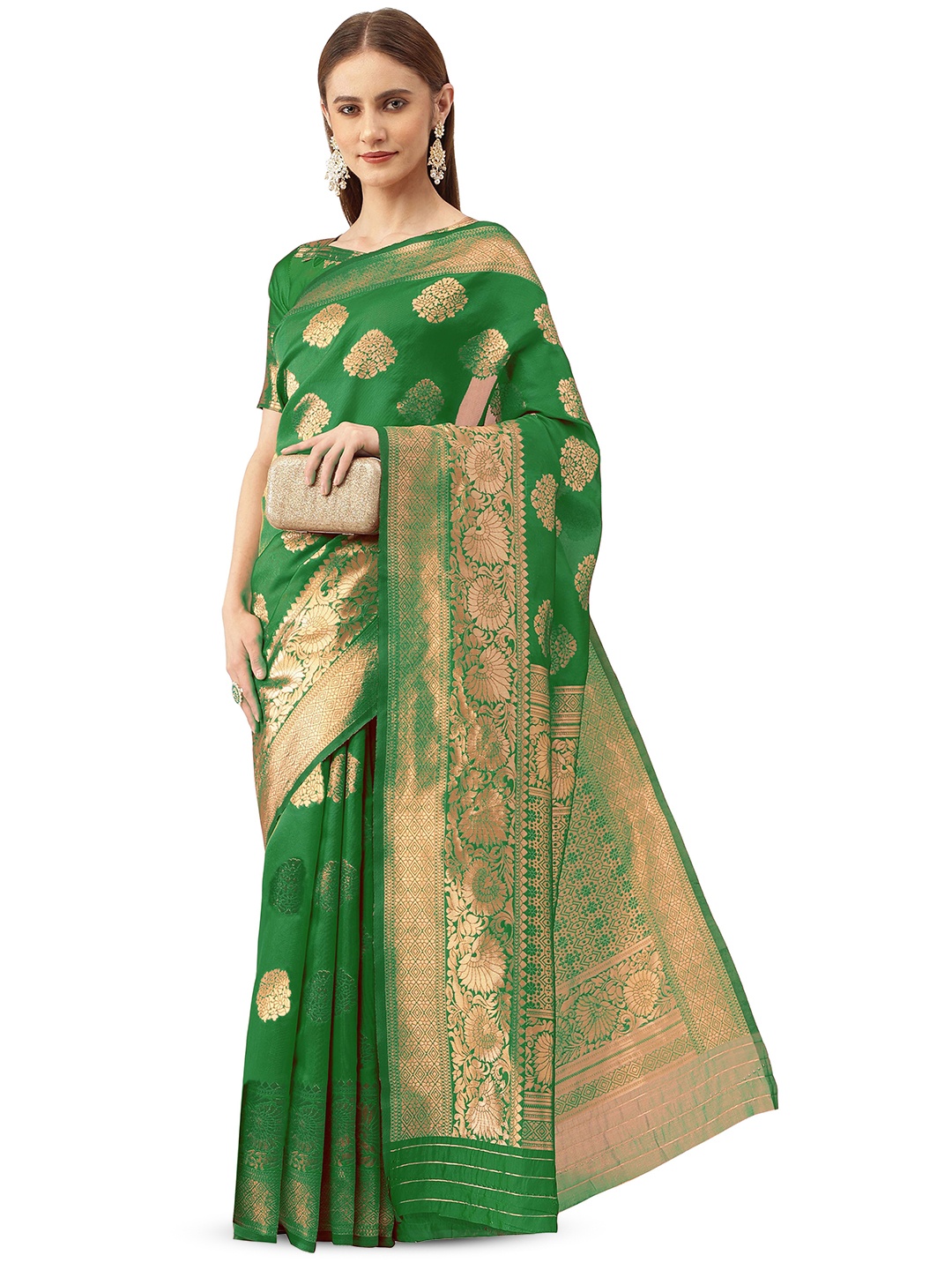 

Maroosh Woven Design Printed Zari Banarasi Saree, Green