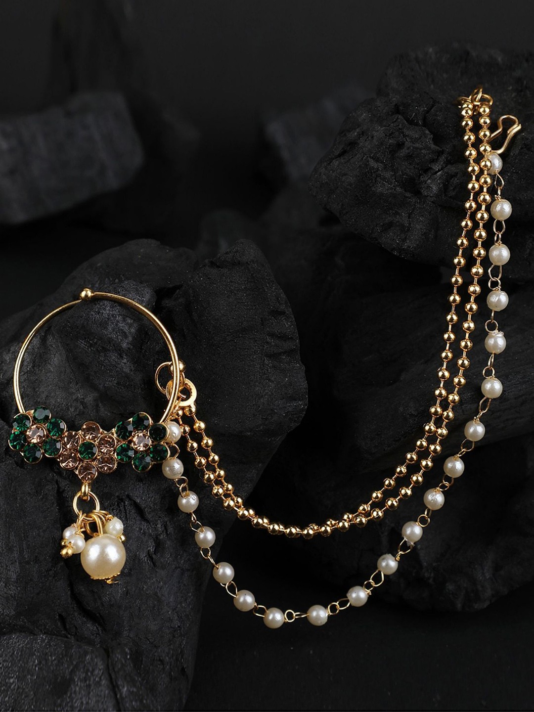 

ANIKAS CREATION Gold-Plated Cubic Zirconia Chained Nosepin