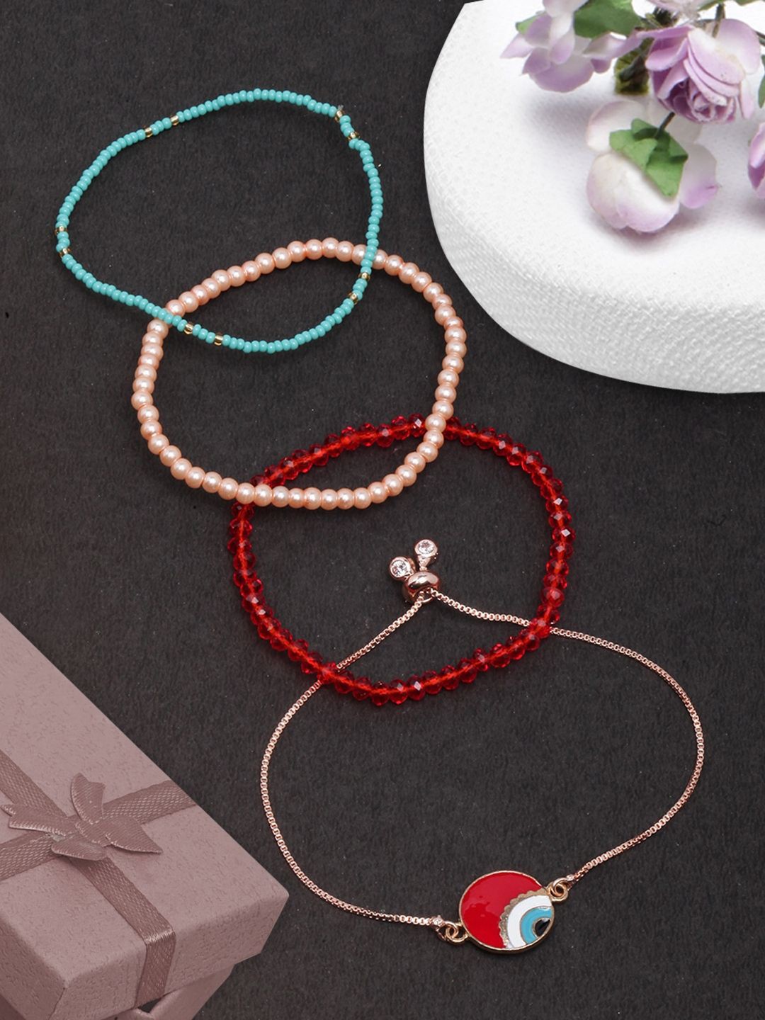 

KPOP Set Of 4 Rose Gold-Plated Stone Studded & Beaded Charm Bracelet