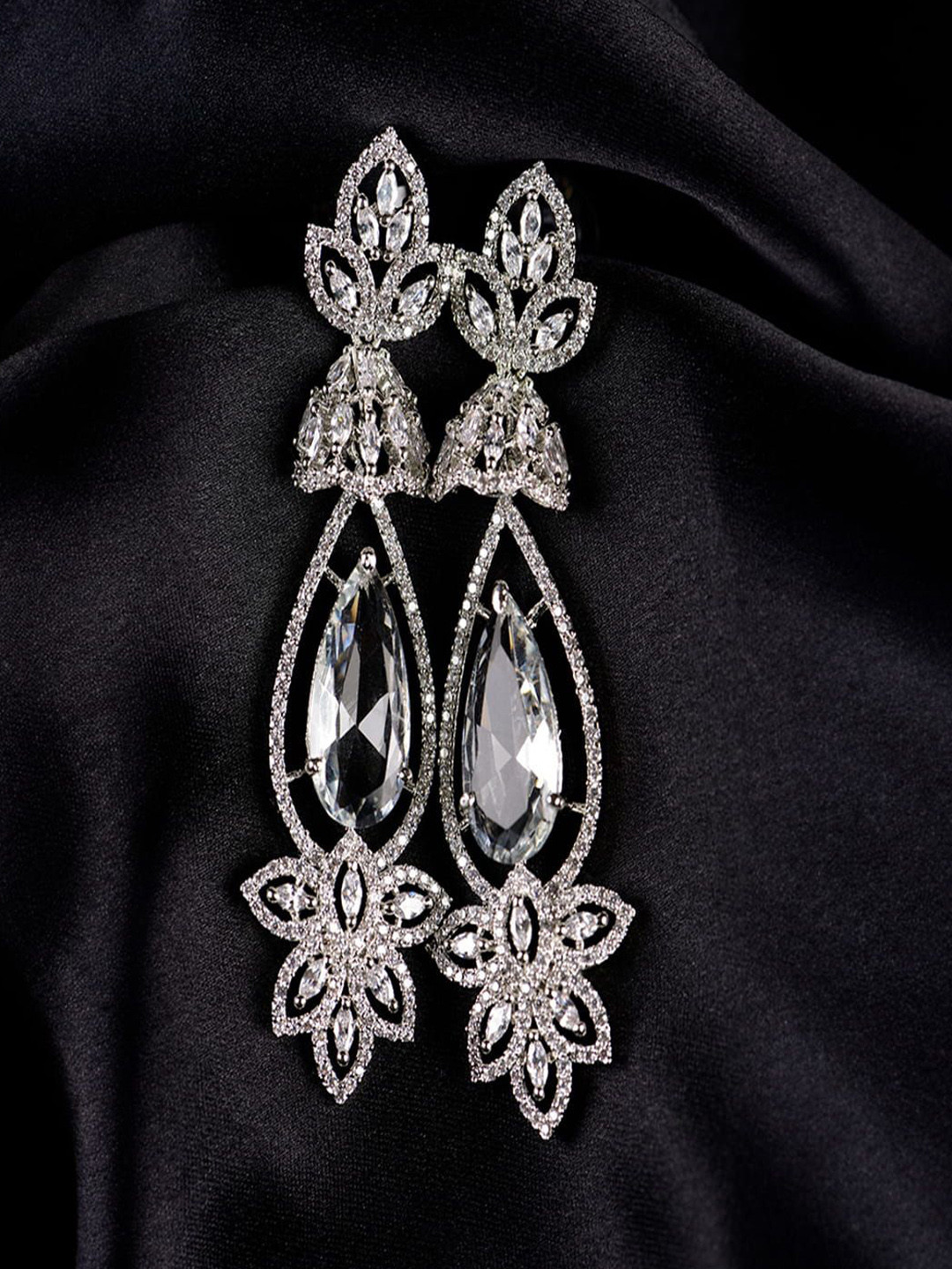 

SHARLEEZ Rhodium-Plated American Diamond Teardrop Shaped Drop Earrings, White