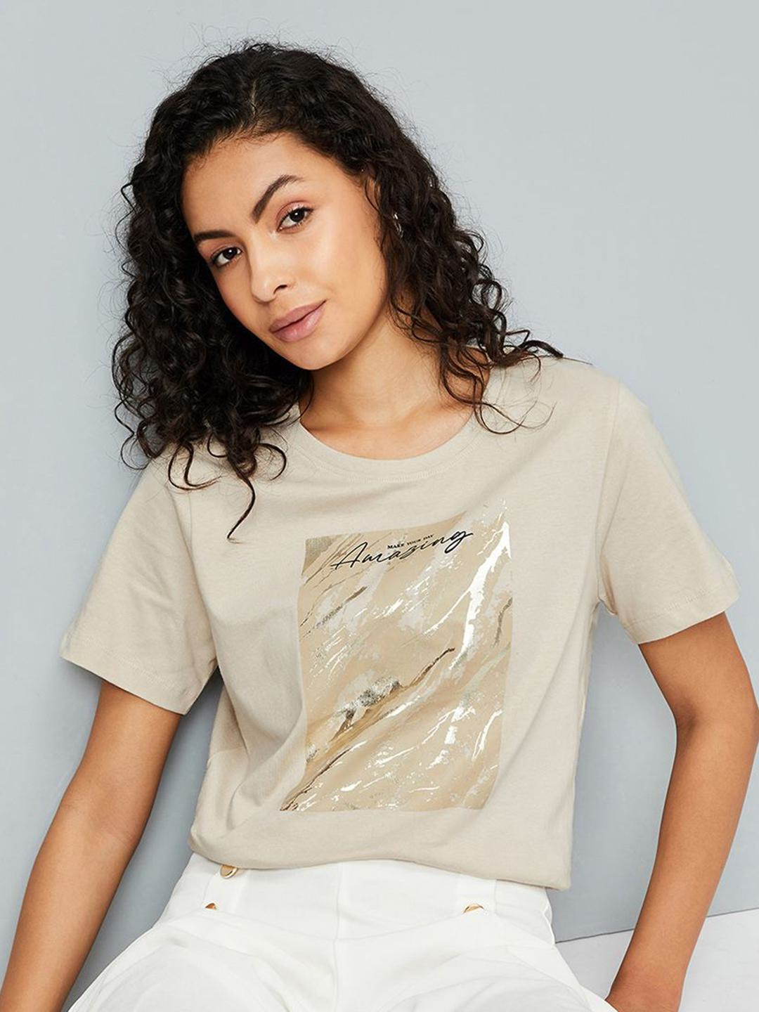 

max Women Graphic Printed Round Neck Cotton T-shirt, Beige