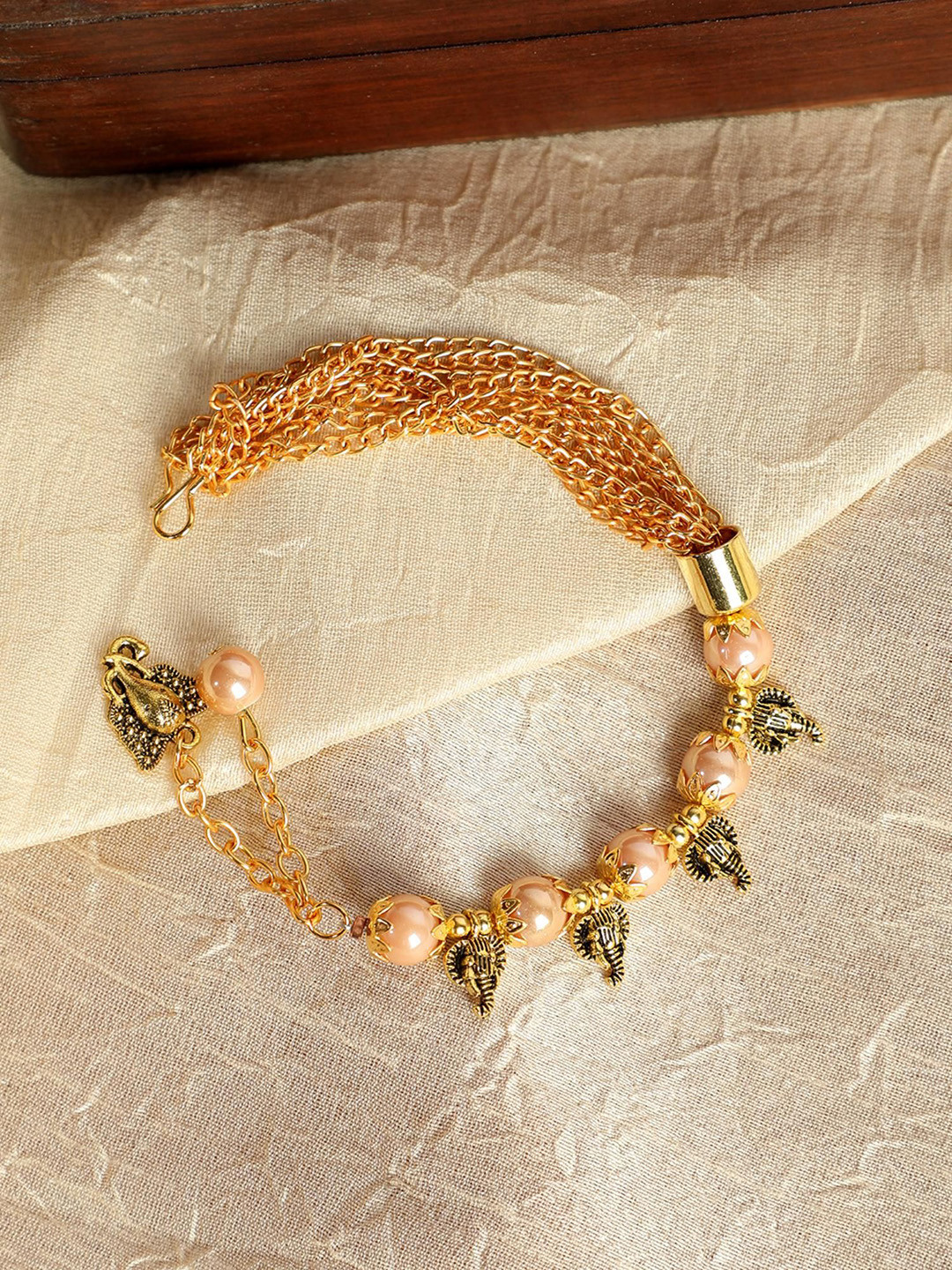 

ANIKAS CREATION Gold-Plated Pearl Link And Charm Adjustable Wraparound Bracelet