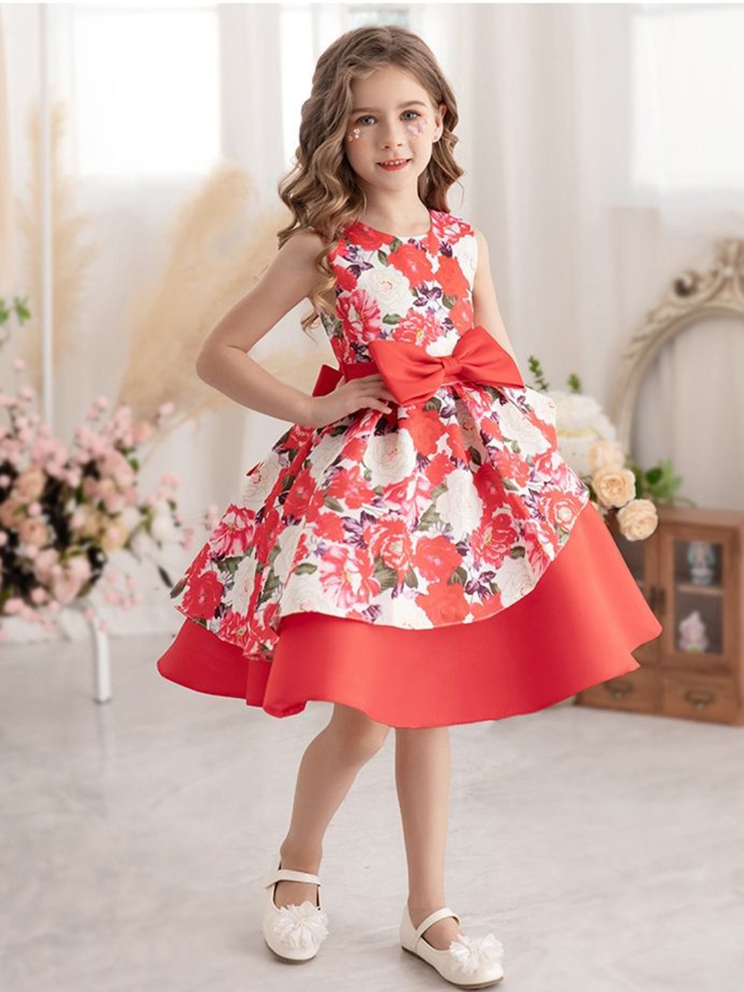 

LULU & SKY Girls Floral Printed Fit & Flare Dress, Red