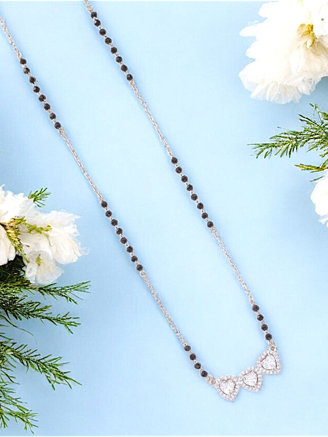 

Taraash 925 Sterling Silver Stone Studded & Beaded Heart Pendant Mangalsutra