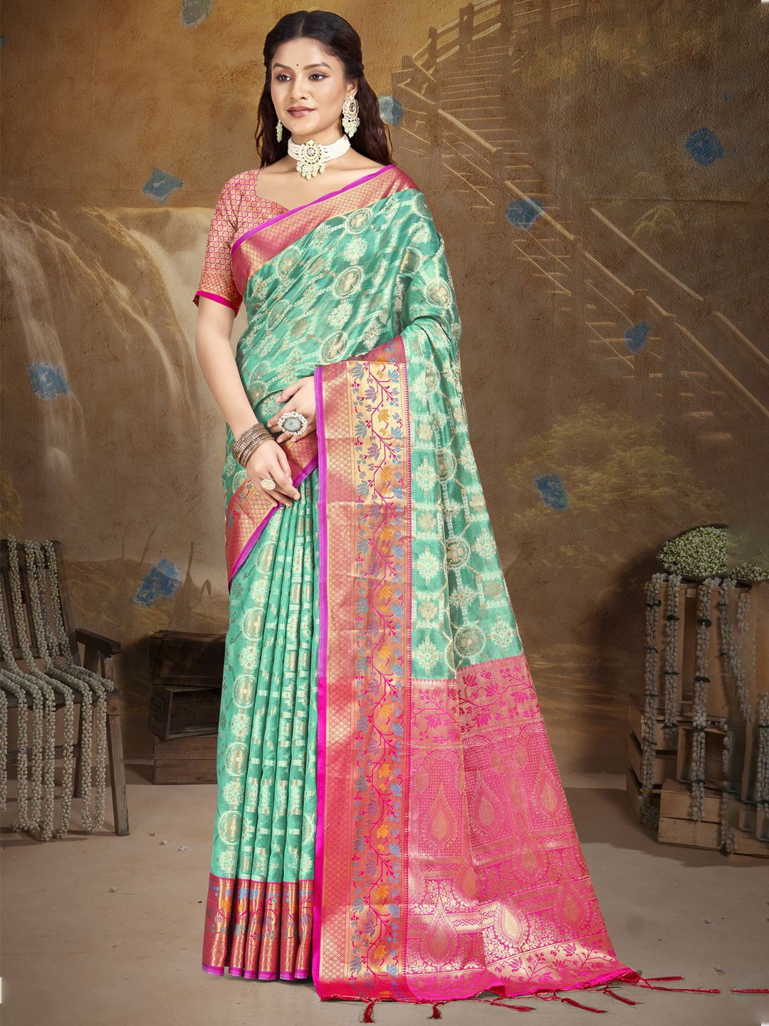 

SANGAM PRINTS Woven Design Zari Tussar Saree, Turquoise blue