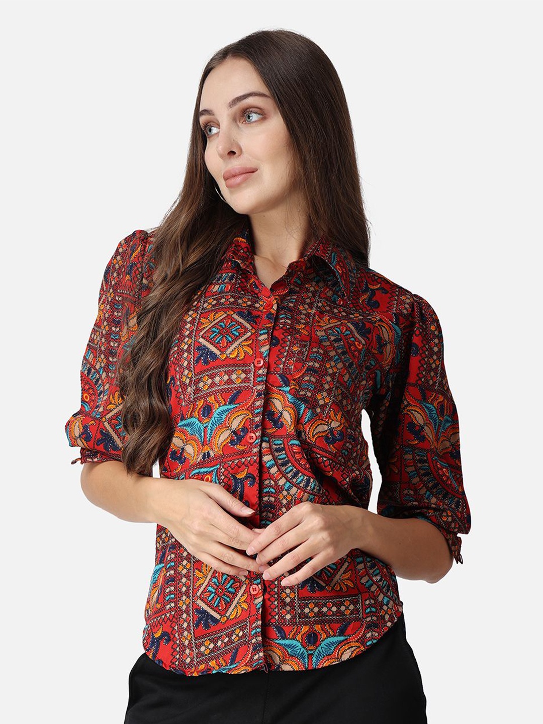 

MINOS Women Classic Spread Collar Ethnic Motifs Printed Crepe Casual Shirt, Red