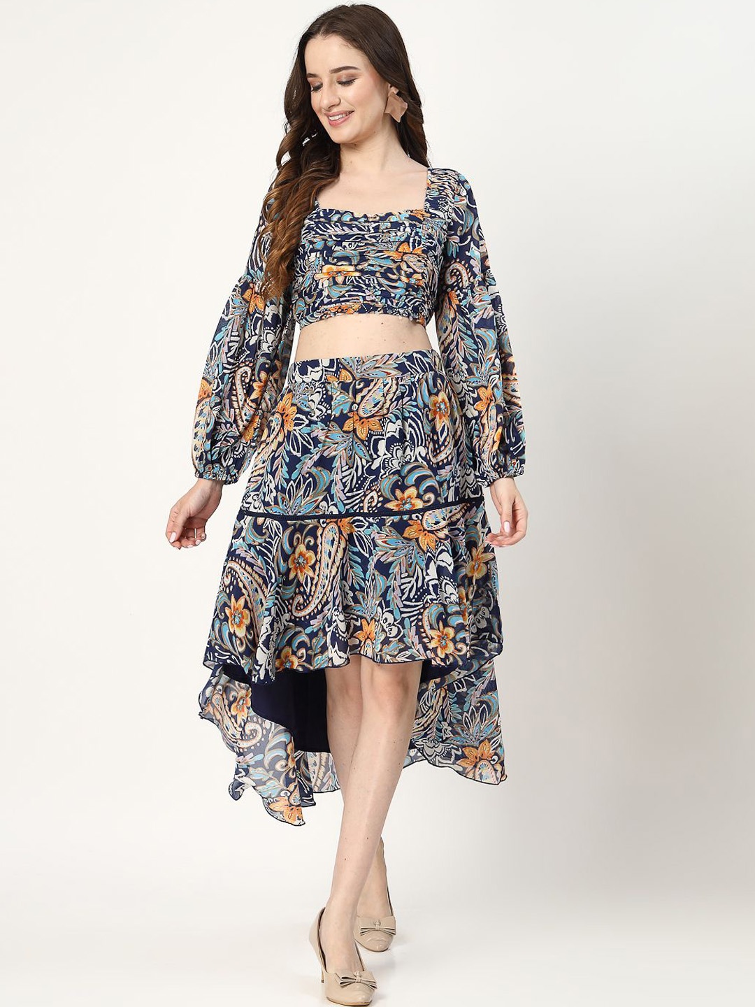 

COSMIC TRIO Women Floral Printed Top & High Low Skirt Co-Ords, Navy blue