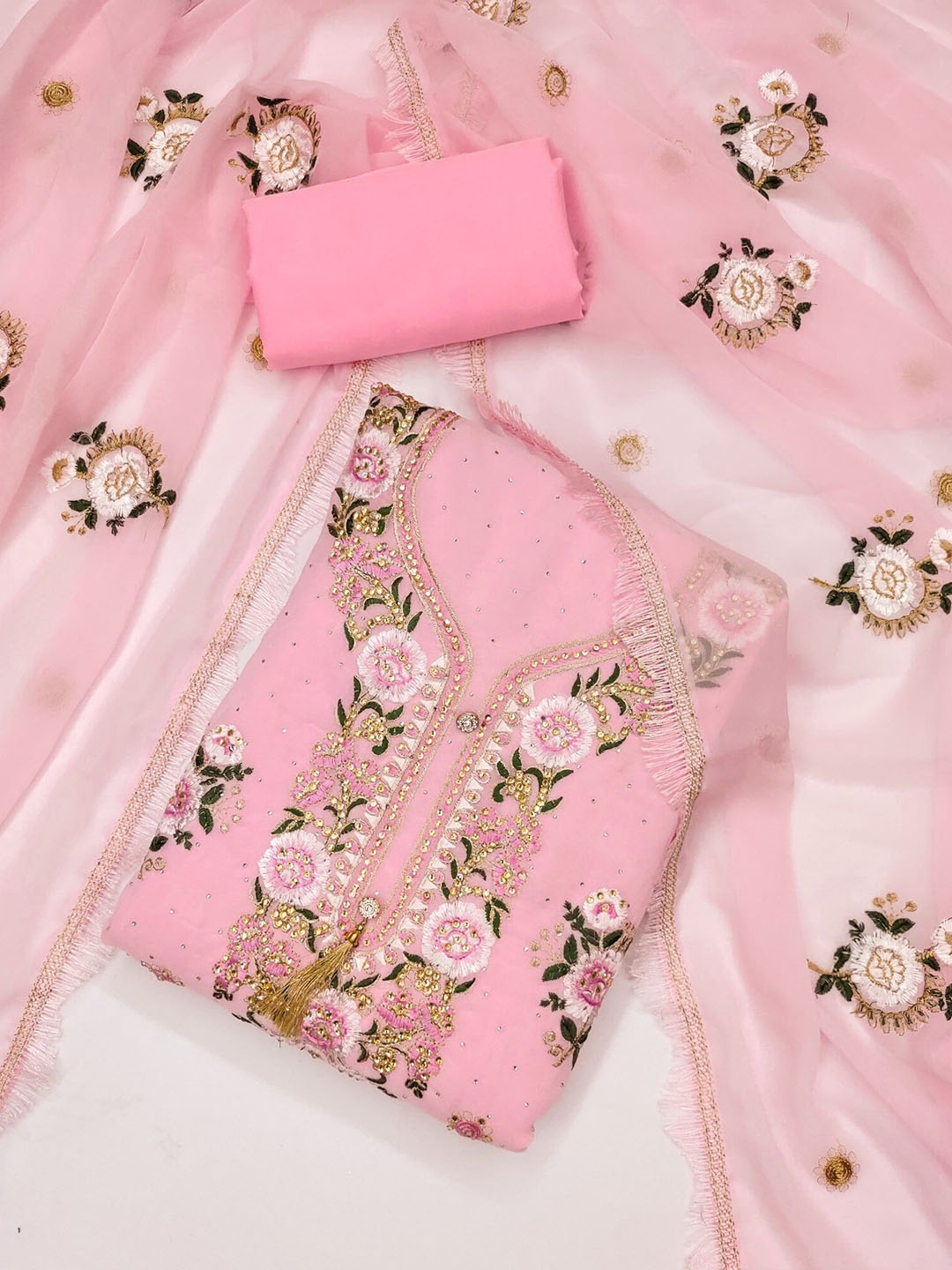

KALINI Embroidered Unstitched Dress Material, Pink