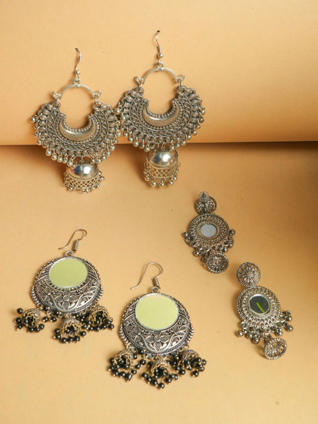 

VIRAASI Set of 3 Oxidized Beaded Chandbalis, Silver