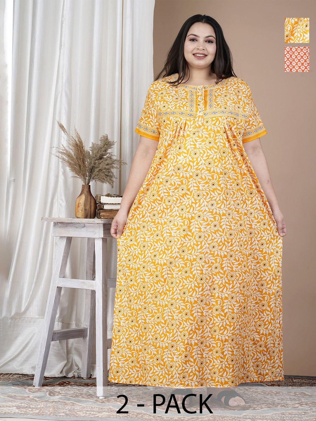

SP DESIGNS Women Pack Of 2 Floral Printed Pure Cotton Maxi Nightdress, Orange
