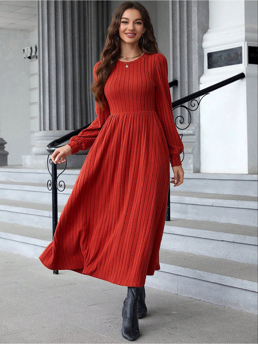 

StyleCast x Revolte Women Solid Striped Fit and Flare Dress, Red
