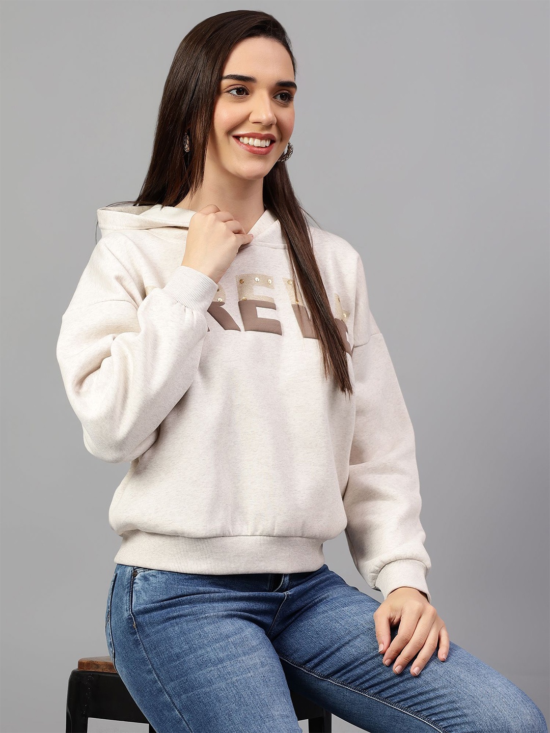 

Cantabil Women Typography Printed Hood Fleece Pullover Ribbed Sweatshirt, Beige