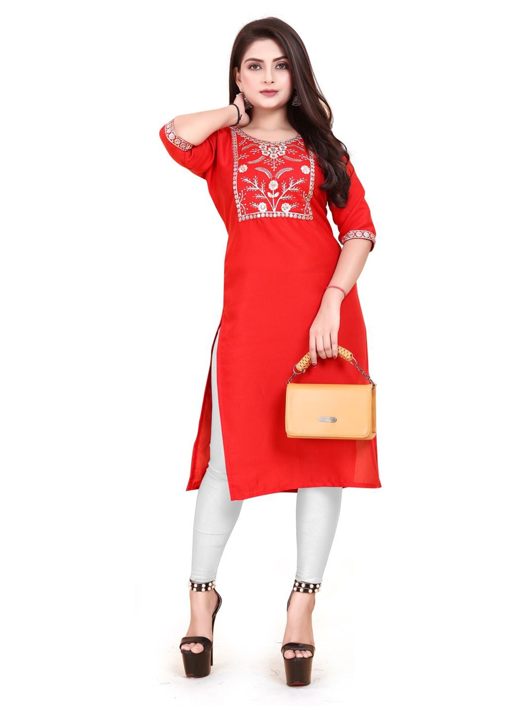 

AKK ENTERPRISE Women Embroidred Yoke Design Straight Kurta, Red