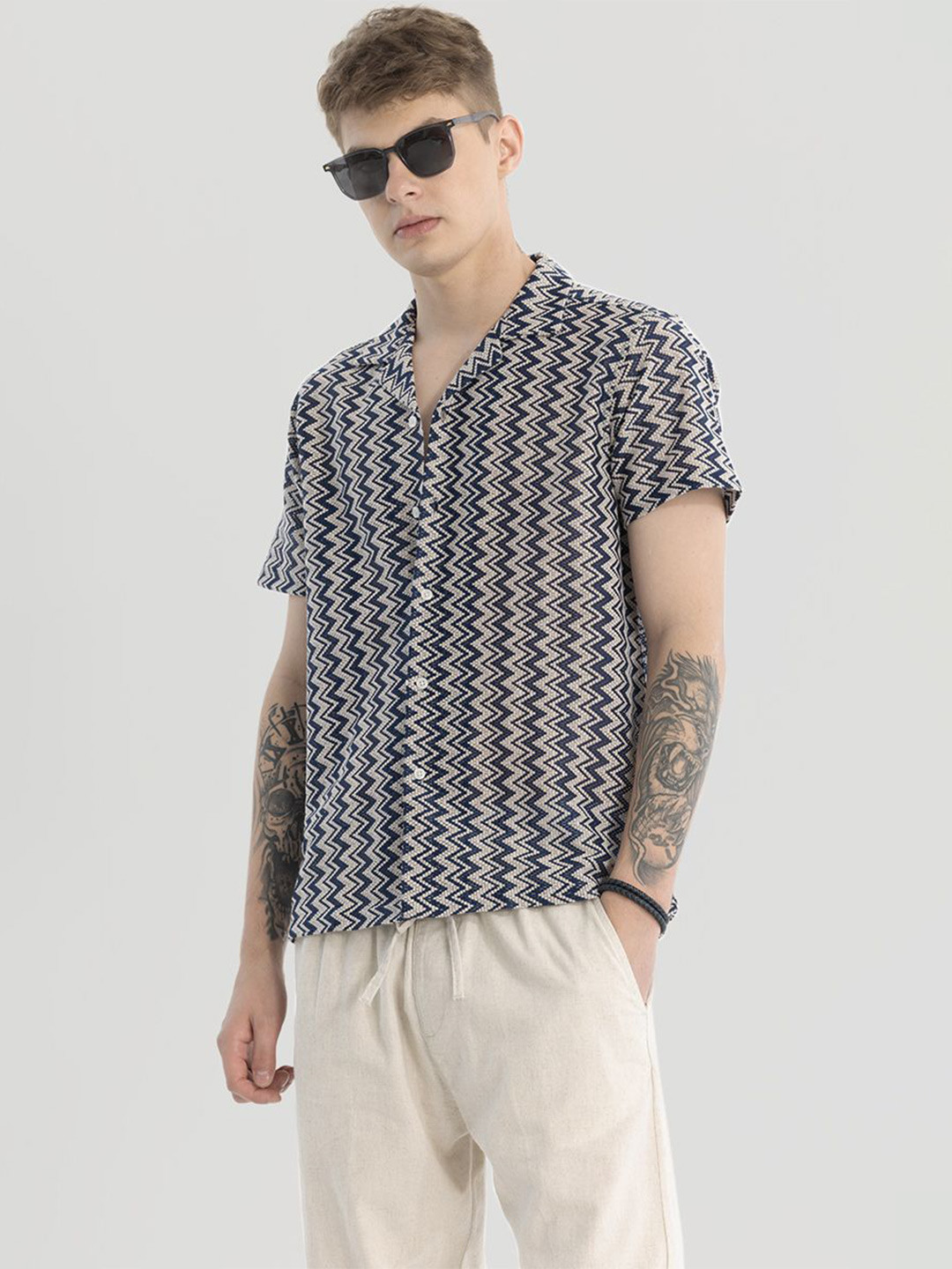 

Snitch Men Relaxed Cuban Collar Chevron Striped Casual Shirt, Beige