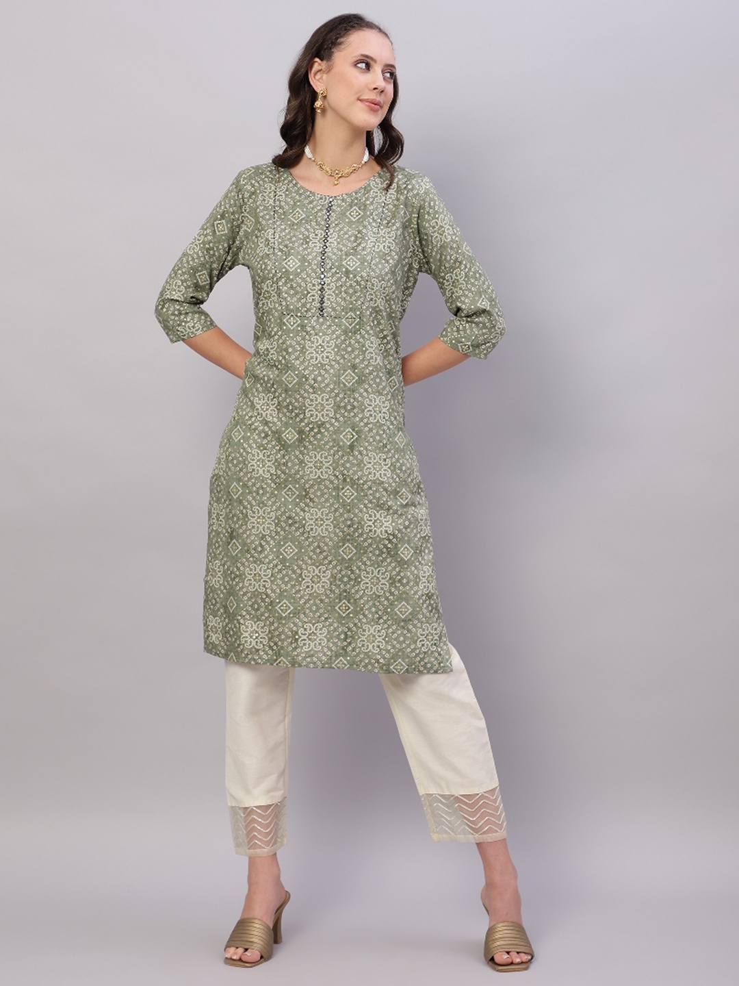 

FLAMBOYANT Women Printed Sequinned Pathani Kurta, Green