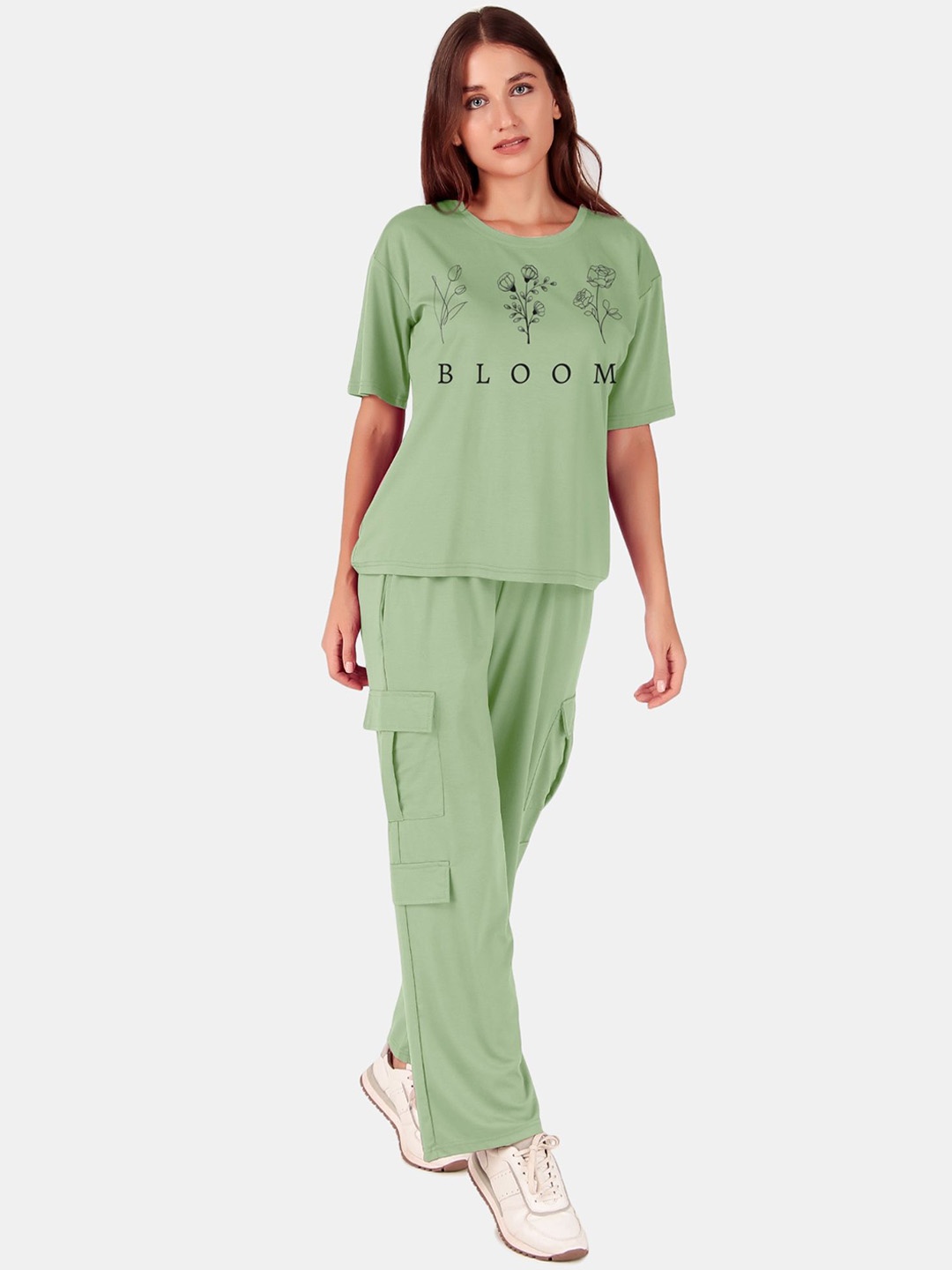 

Fasense Women Round Neck Short Sleeves Solid Co-Ords, Green