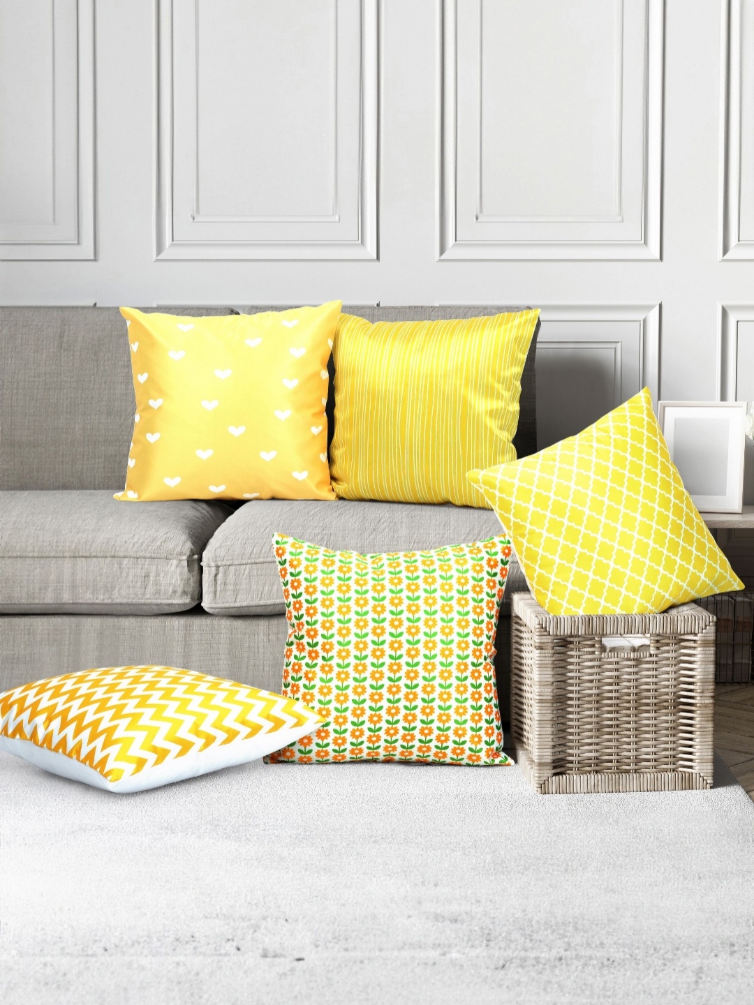

Vendola White & Yellow 5 Pieces Satin Square Cushion Covers